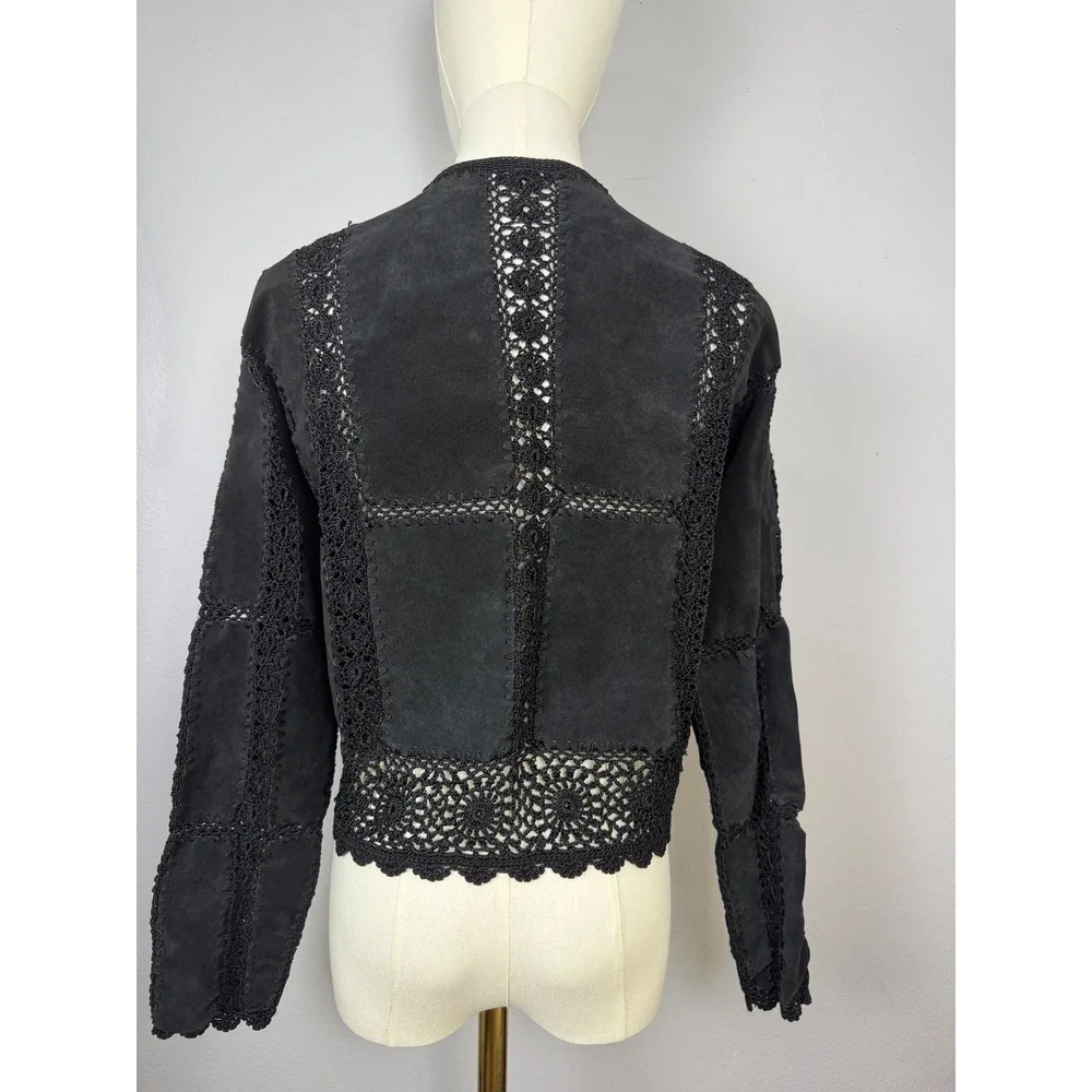 Gantos VTG Black Suede Leather Crochet Lace Trim Boho Western Jacket Womens Sz S - Picture 3 of 7